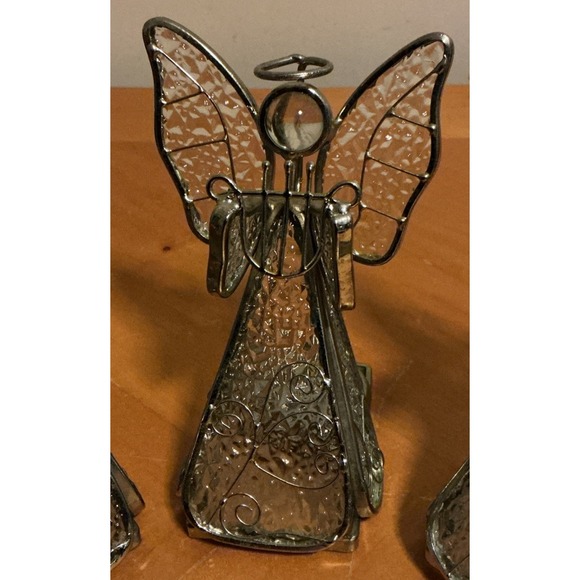 Set Of 3 Textured Glass Angel Figurine Tealight Holder Holding Instruments - Picture 3 of 14